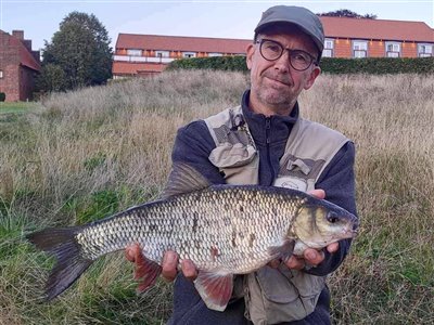 Rimte (Leuciscus idus) Fanget ved medefiskeri. 
Denne rimte blev genudsat. Vest- og Sydsjælland, (sted ikke oplyst) (Å / bæk) rimtefiskeri, brød